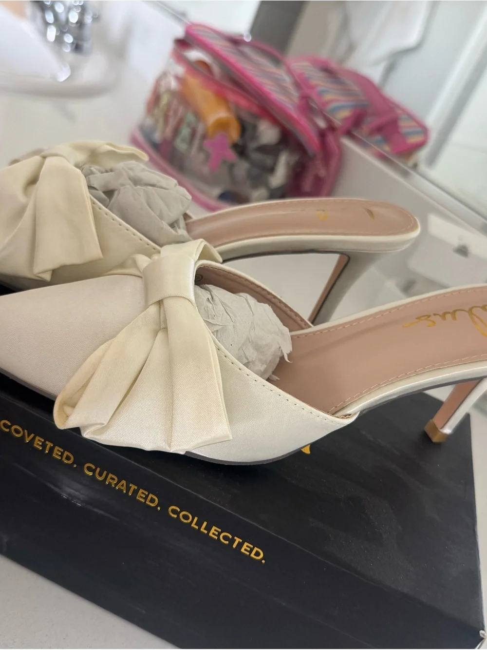 Lulu's Ivory Satin Bow Pointed Mules with Slip-On Back